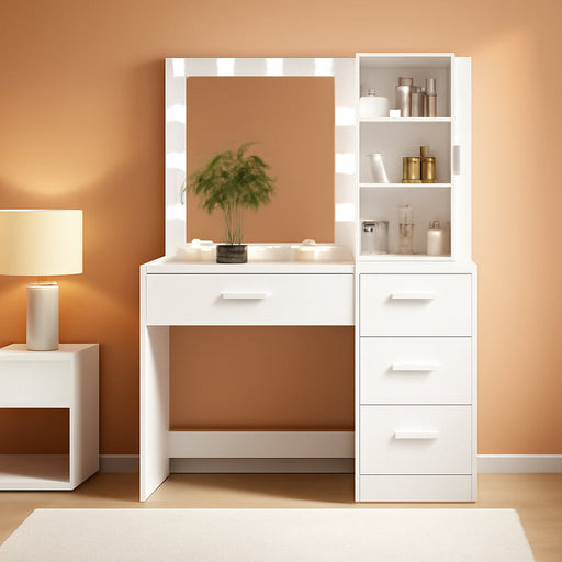 Vanity Desk with Mirror and Lights, Makeup Vanity with 4 Drawers, Cabinet & 4 Necklace Hooks, White Vanity with Mirror and 10 LED Lights, Dressing Table for Women, Bedroom, White
