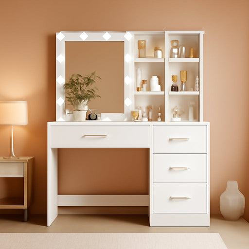 Makeup Vanity with Lights, Vanity Desk with Mirror and 10 LED Lights, White Table with 4 Drawers, Cabinet & 4 Necklace Hooks, Dressing Table for Bedroom,Grils Vanity, White