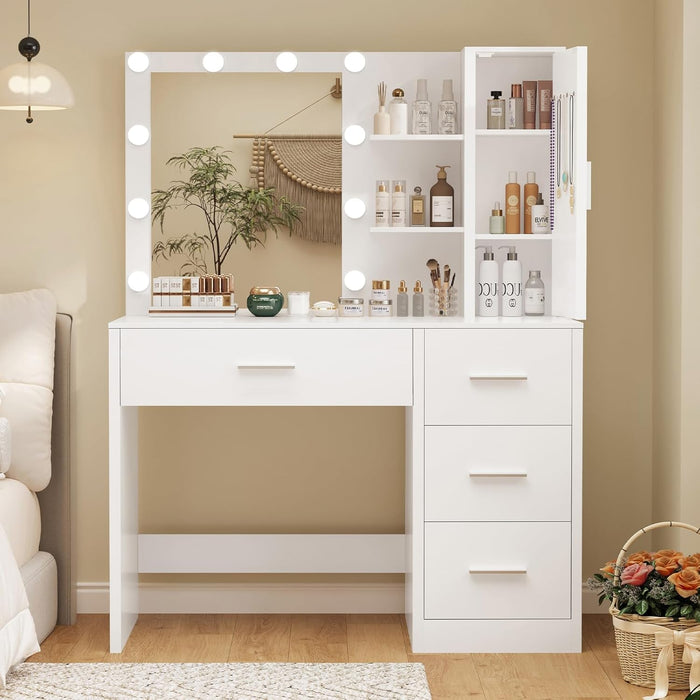 Makeup Vanity with Lights, Vanity Desk with Mirror and 10 LED Lights, White Table with 4 Drawers, Cabinet & 4 Necklace Hooks, Dressing Table for Bedroom,Grils Vanity, White
