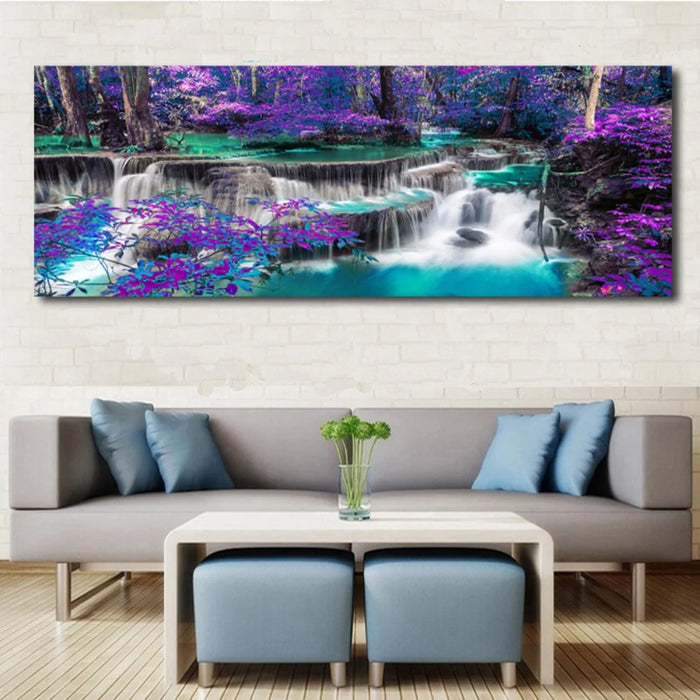 Waterfall Canvas Wall Art Purple Trees Forest Landscape Painting Picture Prints Black and White Purple Bathroom Bedroom Decoration Unframed 15.7*47.2 Inch