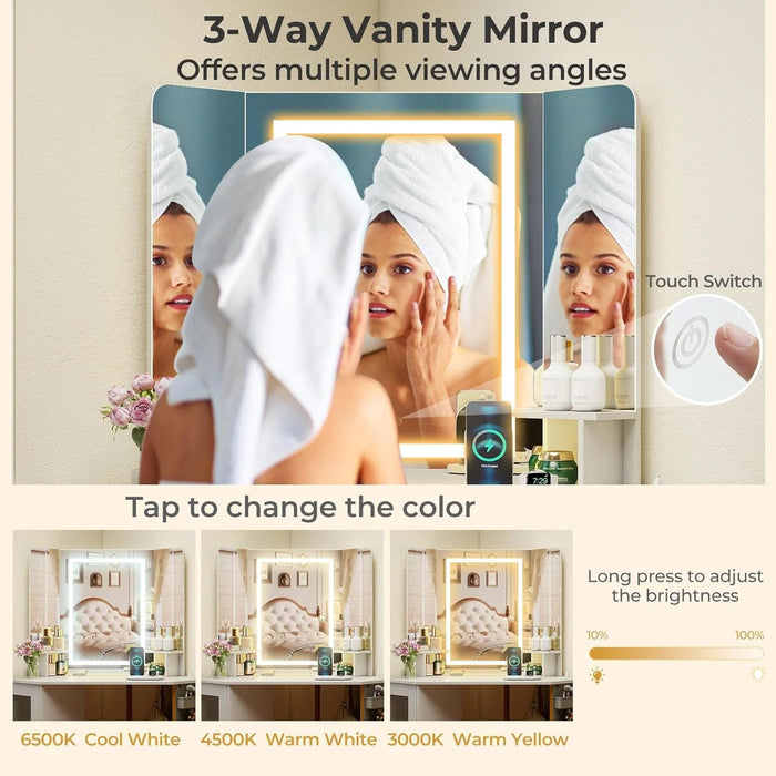 Corner Vanity Desk with Lighted Tri-Fold Mirror, Makeup Table with Charging Station, Fluted Door Cabinet, Storage Shelves, Space Saving Dressing Table with Stool for Bedroom, White & Gold