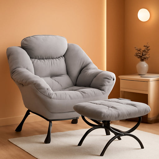 Lazy Chair with Folding Ottoman Modern Large Accent Chair,Contemporary Lounge Leisure Sofa Chair with Armrests Upholstered Sofa Armchair Reading Chair for Bedroom,Dorm&Office (Light Grey-F)