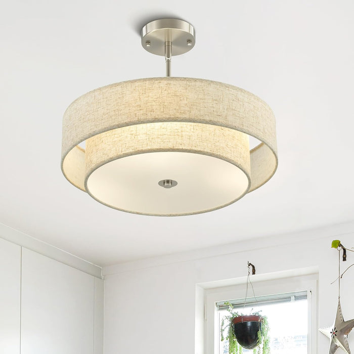 Modern Chandeliers, 18" Drum Chandeliers with 2-Layer Fabric Shade, 4-Light Pendant Light Fixture with E26 Base, Light Fixture for Dining Room Bedroom Living Room, Linen Shade & Nickel Finish