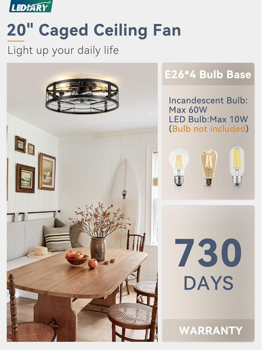 20" Caged Ceiling Fan with Light and Remote, Low Profile Flush Mount Fandelier, Black Bladeless Enclosed Small Fan Lights Ceiling Fixtures, Rustic Farmhouse Style for Bedroom, Outdoor