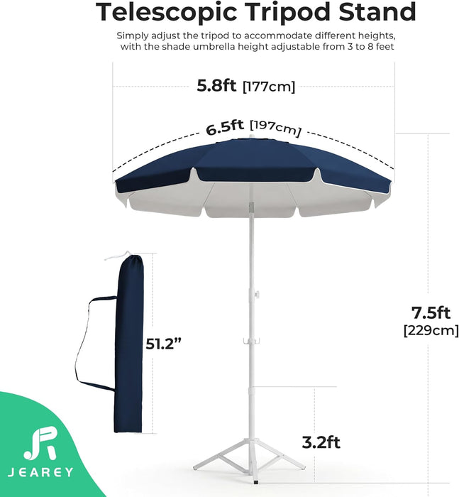 6.5Ft Sun Shade Umbrellas, Portable Umbrella with Stand, Lightweight Sun Protection Free Standing Sport Umbrella for Outdoor Sports, Camping, Fishing, Patio, Beach, Navy
