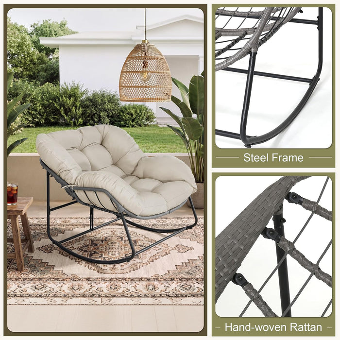 Oversized Egg Rocking Chair for Indoor Outdoor – All-Weather Wicker Rattan Lounge Chair with Cushion Patio Rocker for Porch Garden or Balcony (Beige)