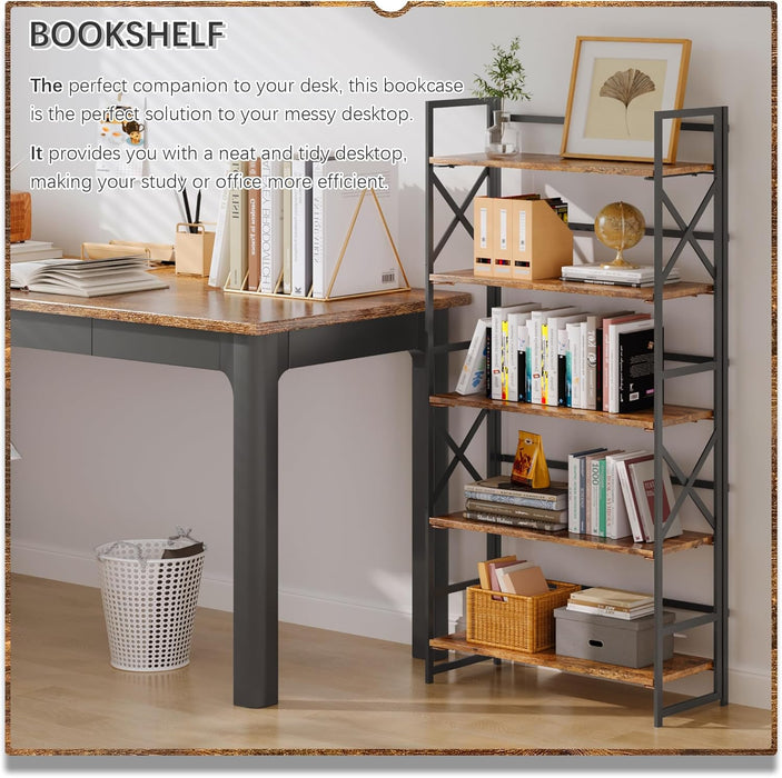 5 Tiers No Assembly Book Shelves, 51.2" H Folding Bookshelf Bookcase Open Industrial Foldable Shelves for Bedroom, Living Room, Home Office - Rustic Brown Black