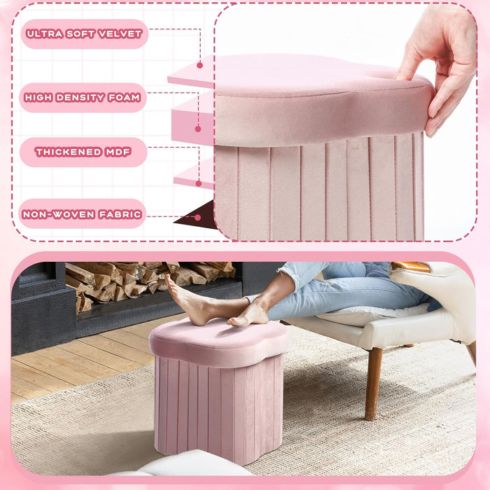 2 Pcs Storage Ottoman Flower Shaped Foot Stools Foldable Velvet Storage Box Footrest Small Ottoman Seat with Folding Vanity Stool for Dorm Home 12. 6 X 12. 6 X 12. 6 Inch(Pink)