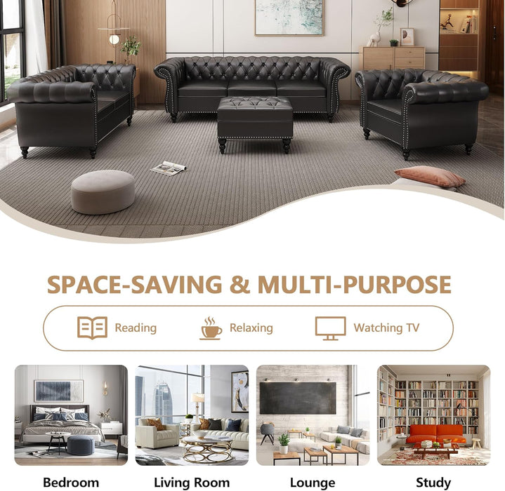3 Piece Living Room Set, Sectional Chesterfield Sofa Chair Contemporary Upholstered Artificial Leather Loveseat Couch Sets for Living Room, Bedroom, Office (Black)