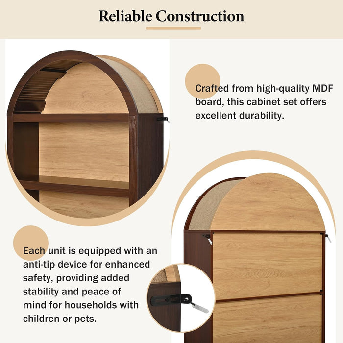 Farmhouse Bookshelf Set of 2, Freestanding Tall Bookcase with Two-Tone Finish & Fabric Arched Top, 5-Tier Open Storage Cabinet for Living Room, Home Office, Bedroom, Walnut