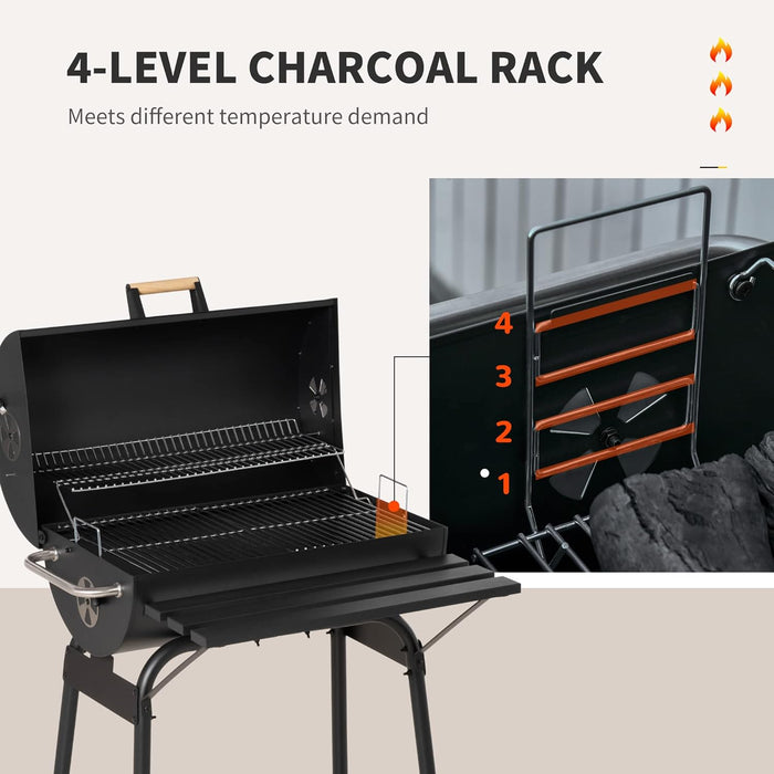 30" Portable Barrel Charcoal BBQ Grill, Steel Outdoor Barbecue Smoker with 370 Square Inches Cooking Space, Storage Shelf, Wheels for Garden Camping Picnic, Black