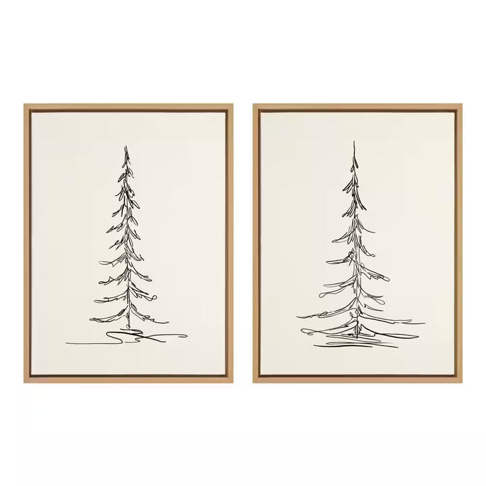 Sylvie Minimalist Evergreen Trees Sketch 1 and 2 24 In. X 18 In. by the Creative Bunch Studio Framed Canvas Wall Art