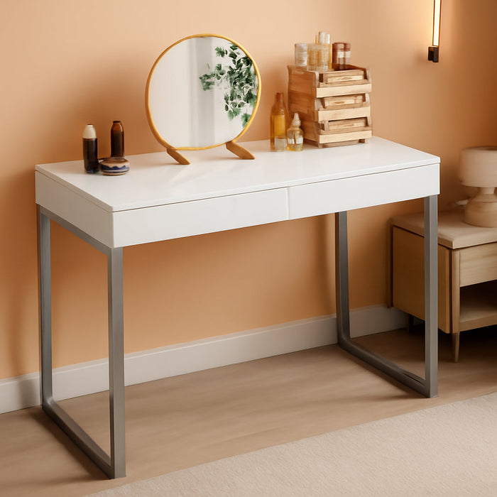 Vanity Desk with 2 Drawers,Glossy Desktop White Desk for Bedroom,Makeup Table with Storage Space,Small Desk for Home Office,39 Inch No Mirror