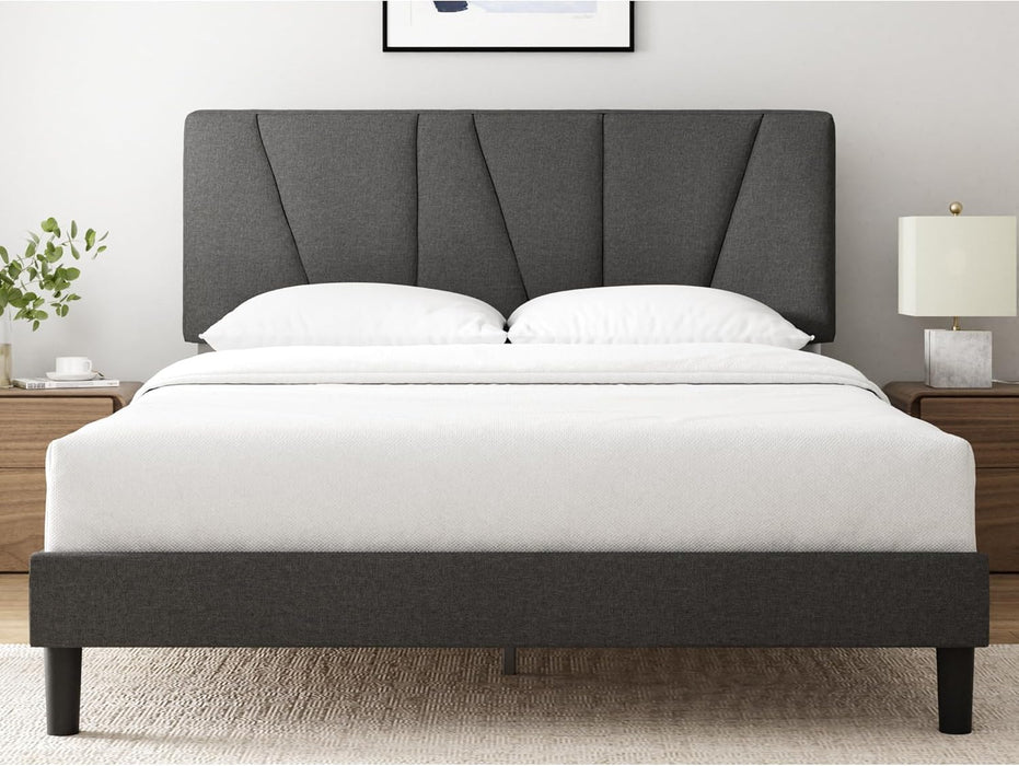 Queen Maya Upholstered Bed Frame with Asymmetric Headboard, Durable Wooden Slats, Sturdy Framework, Noise Free Sleep, No Box Spring Needed, Easy Assembly, Eco Friendly Packaging, Dark Grey