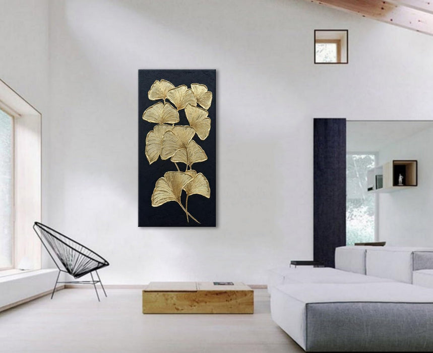 Large Gold Gingko Paintings Vertical Textured Wall Art, Gold and Black 3D Abstract Oil Painting on Canvas Wall Art Ready to Hang