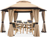 10'X10' Gazebos for Patios Outdoor Hexagonal Gazebo with Netting and Privacy Curtains Beige