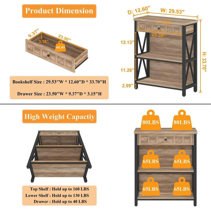 Rustic Bookshelf with Drawer, Industrial Wood and Metal Bookcase, Small Book Shelf and Low Book Case for Small Space (Rustic Oak)
