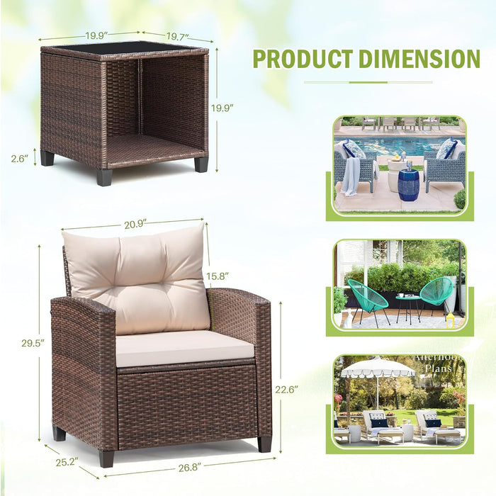3 Pieces Patio Furniture Set Outdoor Wicker Chairs and Table, Beige