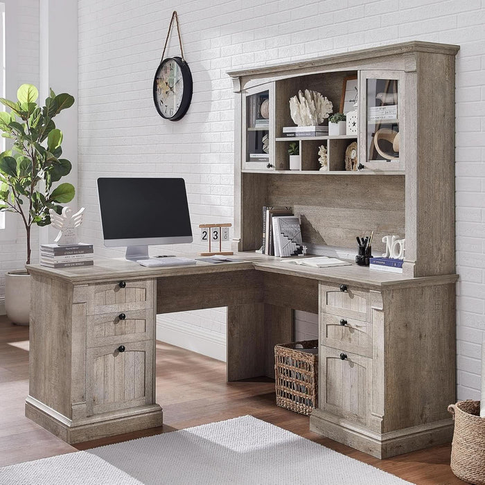60-Inch L-Shaped Desk With Hutch LightRusticOakFinish