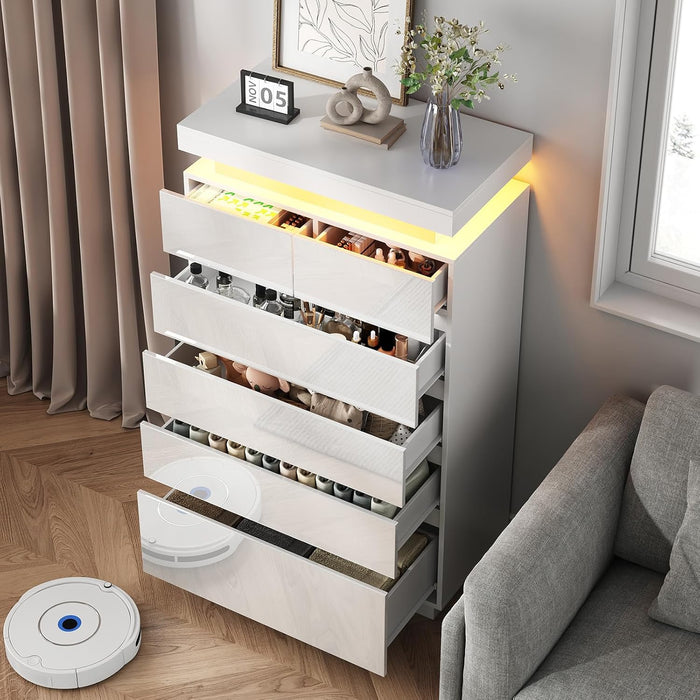 6 Drawer Dresser for Bedroom with LED Lights, White Modern High Gloss Chest of Drawers for Closet, Tall Drawer with Adjustable LED Light, for Living Room, Entryway, Dressing Room