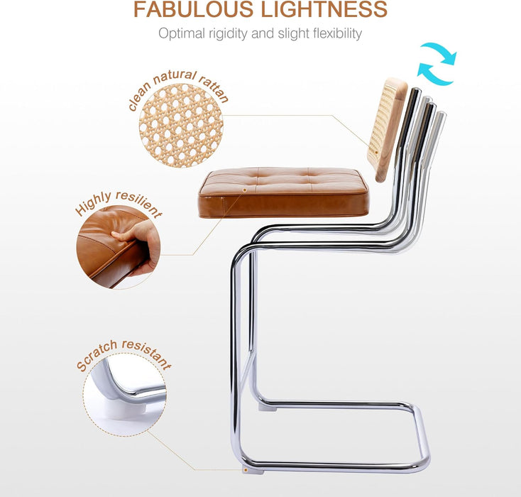 Natural Rattan Bar Stools Set of 2, Modern Counter Height Stools with Solid Wood Back, 26'' Counter Height Chairs, Mid Century Cantilevered Bar Chairs for Kitchen Island, Faux Leather Brown