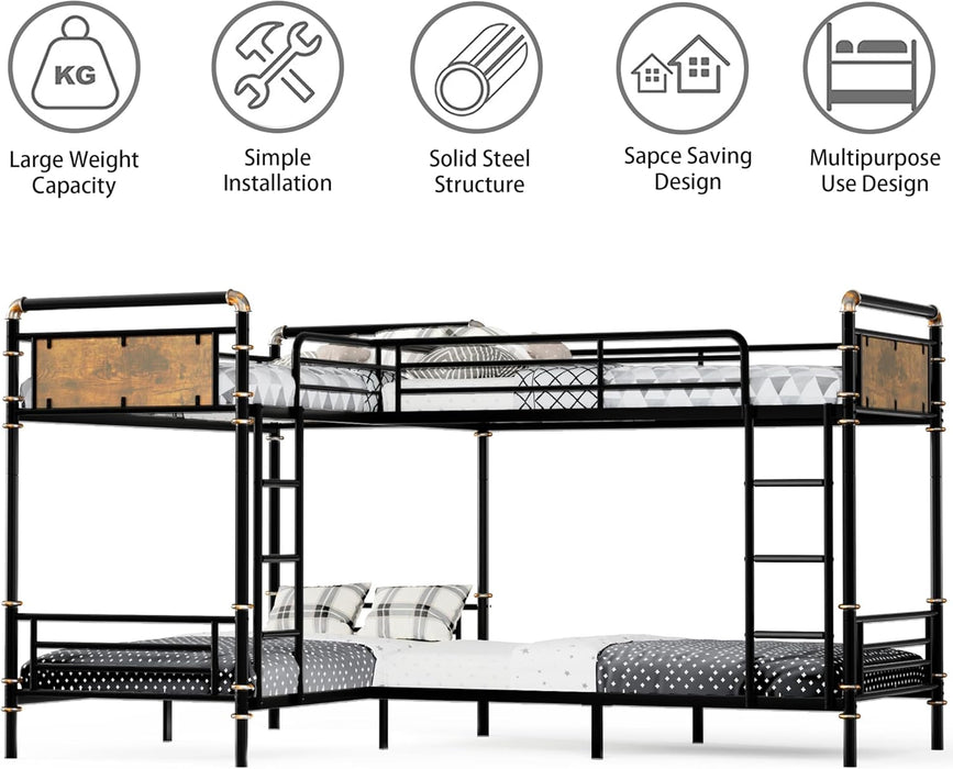 Quad Bunk Bed, Heavy Duty Metal 4 Bunk Beds for Kids with Ladders, Detachable Industrial L-Shaped Bunk Beds, Space Saving Design,Can Be Divided into 3 Twin Beds, Black