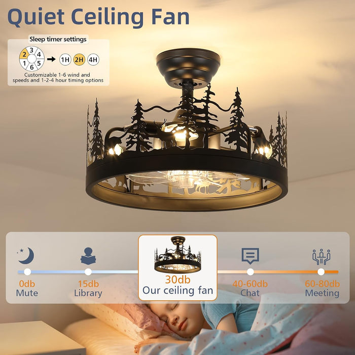 Rustic Black Ceiling Fan with Light, Bear and Deer Design