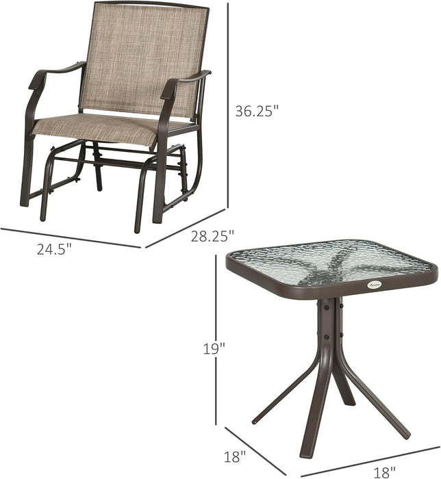 3 Piece Outdoor Glider Chair with Coffee Table Bistro Set, 2 Patio Rocking Swing Chairs with Breathable Sling Fabric, Glass Tabletop, for Backyard, Garden and Porch, Mixed Brown