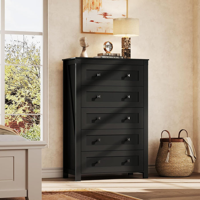 Farmhouse 5 Drawer Dresser for Bedroom, Wood Dresser Storage Organizer, Tall Black Dressers with Double Rustic Handle, Chest of Drawers for Living Room, Hallway, Closet