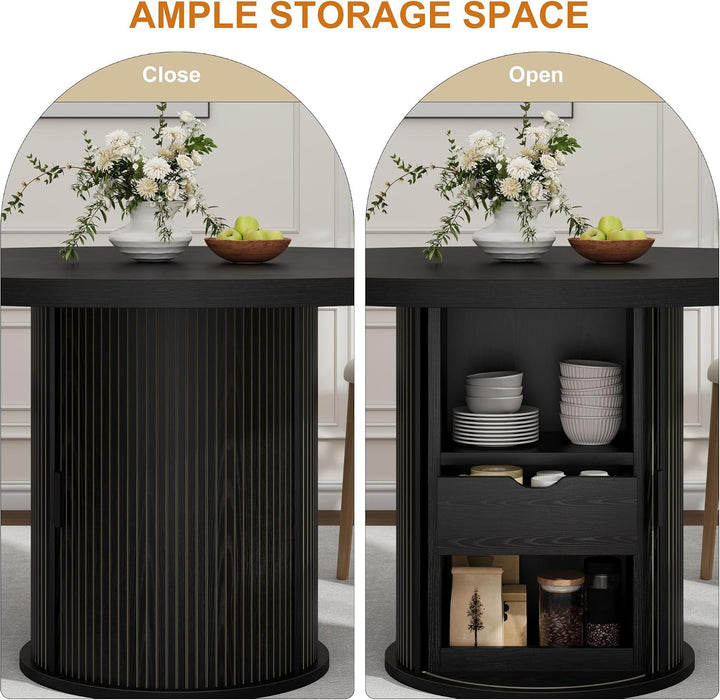 47" round Dining Table for 4-6, Farmhouse Kitchen Table, Black | Dining Table with 2-Layer Storage Shelf and Drawer, Circle Dinner Table for Dining Room, Kitchen, Living Room (Table Only)