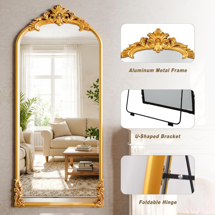 71"X32" Vintage Gold Arched Full Length Mirror with Carved