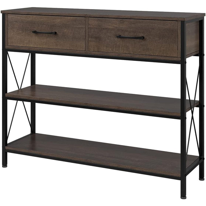 Vintage Industrial Sofa Table with Drawers and Shelves