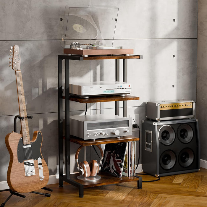 16.5" Small 4-Tier AV Media Stand with Power Strips,Narrow Version Wooden Corner TV Stand Shelf with LED Lights,Stereo Cabinet Audio Rack Stand Tower for Small Media Players and Boxes