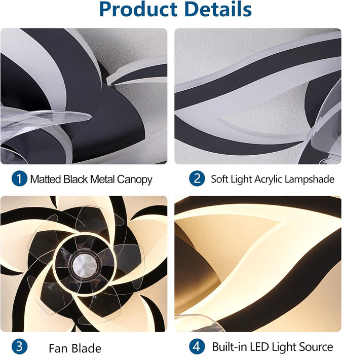 Ceiling Fan with Lights Remote Control, 24" Black, 6 Speeds 3 Light Color Low Profile Flush Mount Ceiling Fan for Kitchen Bedroom