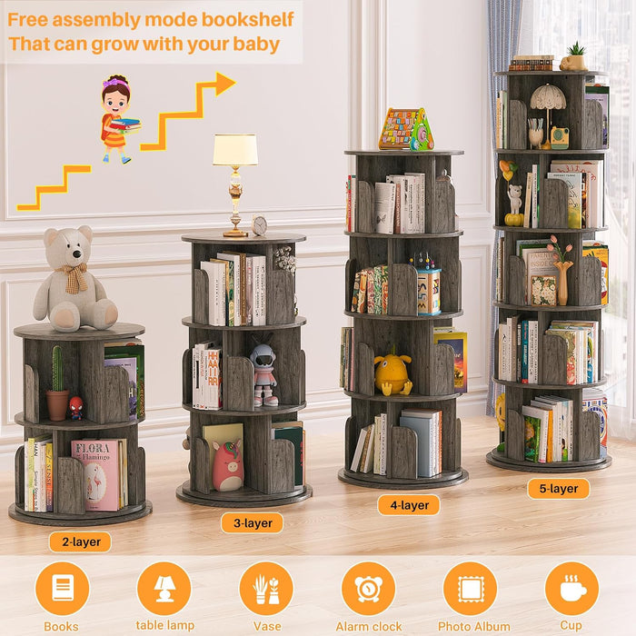 Rotating Bookshelf, 5 Tier Wood Spinning Bookshelf Tower,Black Oak