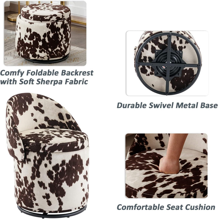 Modern round Swivel Vanity Storage Stool with Foldable Backrest, Linen Upholstered Ottoman with Removable Lid, Footrest Makeup Stool for Living Room Bedroom, Brown Milk Cow