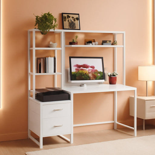 55 Inch Computer Desk with 2 Drawers and Storage Shelves, Rustic Office Desk with Hutch, Study Writing Gaming Table Laptop Workstation for Home Office (White)