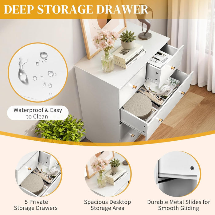 Modern White 5 Drawer Dresser For Bedroom Storage Organization