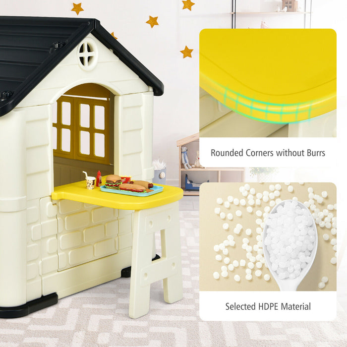 Kid'S Playhouse Games Cottage W/ 7 PCS Toy Set & Waterproof Cover Yellow