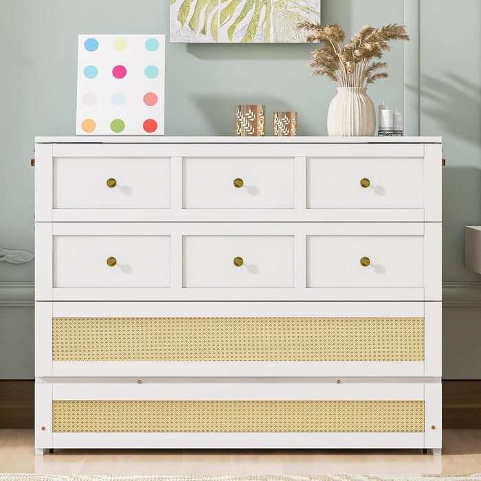 Full Murphy Bed with Storage Drawer, Cabinet Bed, Farmhouse Murphy Cabinet with Foldable Panel, Noisy Free, for Guest Bedroom, Living Room, White with Rattan