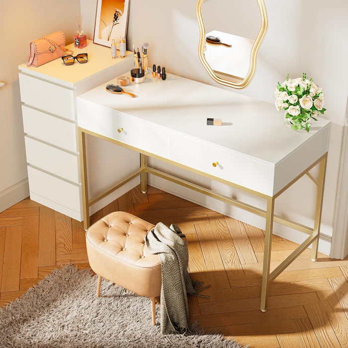 White and Gold Vanity Desk with Drawers, 47 Inch Computer Desk