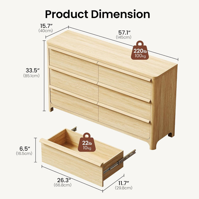 6 Drawer Dresser for Bedroom, 57" Wide Chest of Drawers, Natural