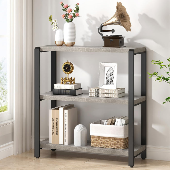 3 Tier Bookshelf, Industrial Wood and Metal Book Shelf and Bookcase, Short Book Case for Office Living Room Bedroom, Light Grey