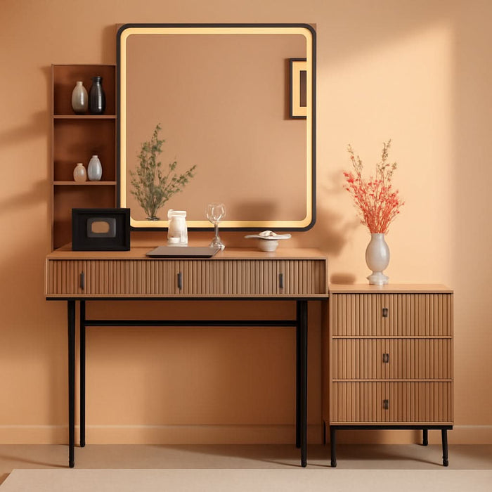 Large Vanity Desk with 3 Color Touch Screen Dimming Mirror, Vanity Desk with Charging Station, Modern Retractable Makeup Dressing Table, Makeup Table with Storage Shelves and 5 Sliding Drawers