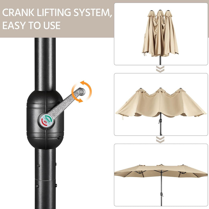 13 Ft Triple-Size Patio Umbrella W/Base Included - Market Extra-Large Double Sided Umbrella - Twin-Size Patio Parasol W/Easy Crank & 12 Strong Ribs & Ventilation Openings, Tan