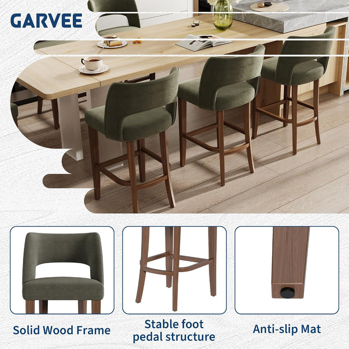 26 Inch Green Linen Bar Stool Set of 2 with Wooden Legs | Linen Fabric, Wood Legs, Ergonomic Barstools with Backrest , for Kitchen Island, Dining Room, Bar