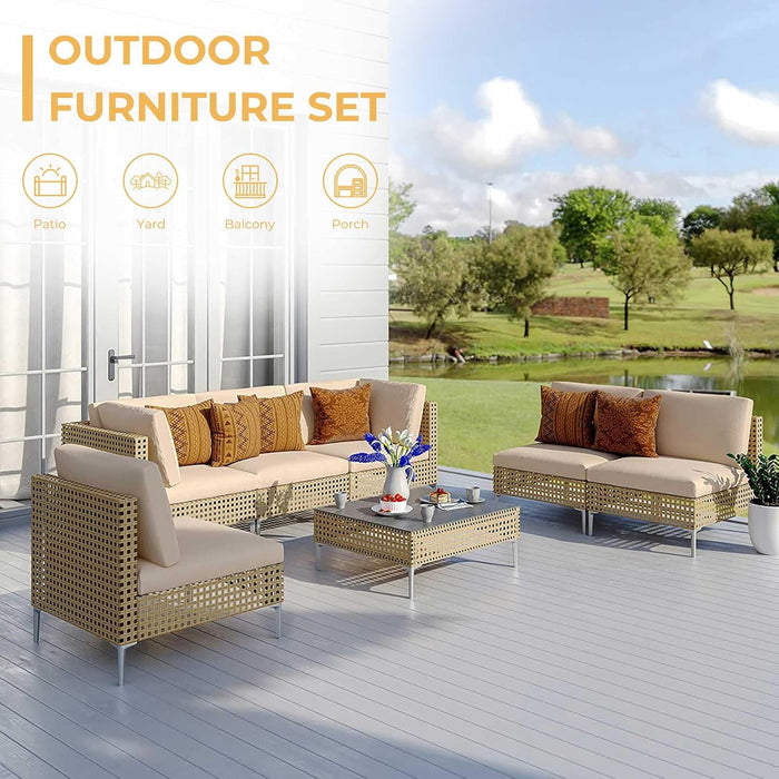 7-Piece Wicker Patio Furniture Set, Boho Outdoor Conversation Set Sectional Sofa with Water Resistant Thick Cushions and Coffee Table, Beige