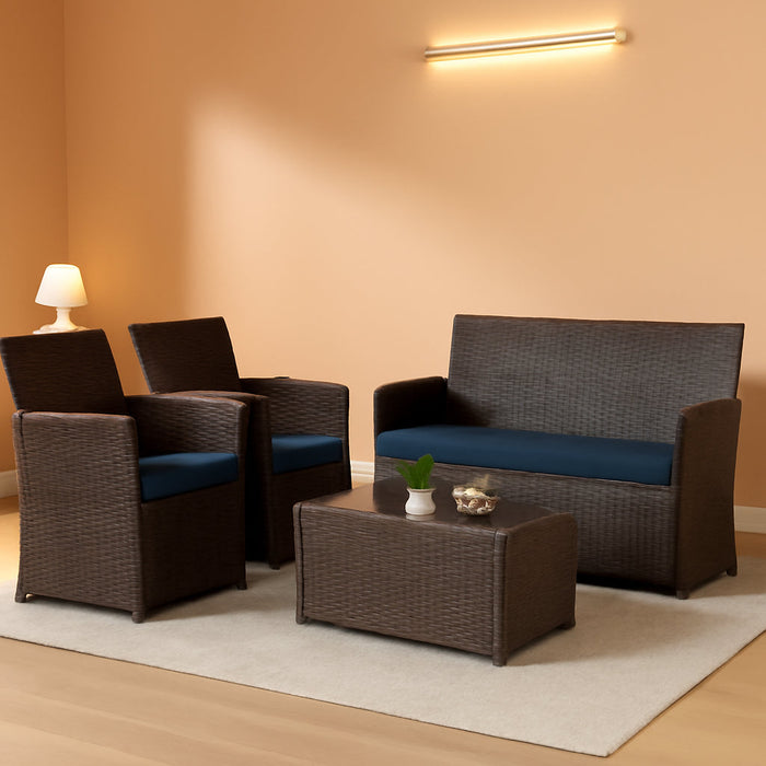 4 Piece Outdoor Patio Furniture Sets, Wicker Sectional Conversation Sofa Set, Rattan Table and Chairs and Loveseat with Cushions for outside Balcony Porch Backyard (Brown-Blue)