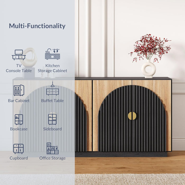 65 Inch Fluted Buffet Cabinet with Storage, Symmetrical Arc Accent Sideboard Large Console Table for Dining Room, Kitchen, and Living Room (Camel)