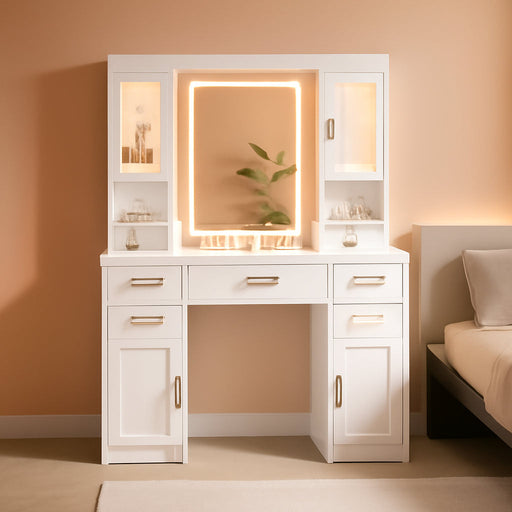 Vanity Desk with Mirror and LED Lights & Power Outlet, Large Makeup Vanity Table with 5 Drawers and 4 Storage Cabinets, White Dressing Table for Bedroom